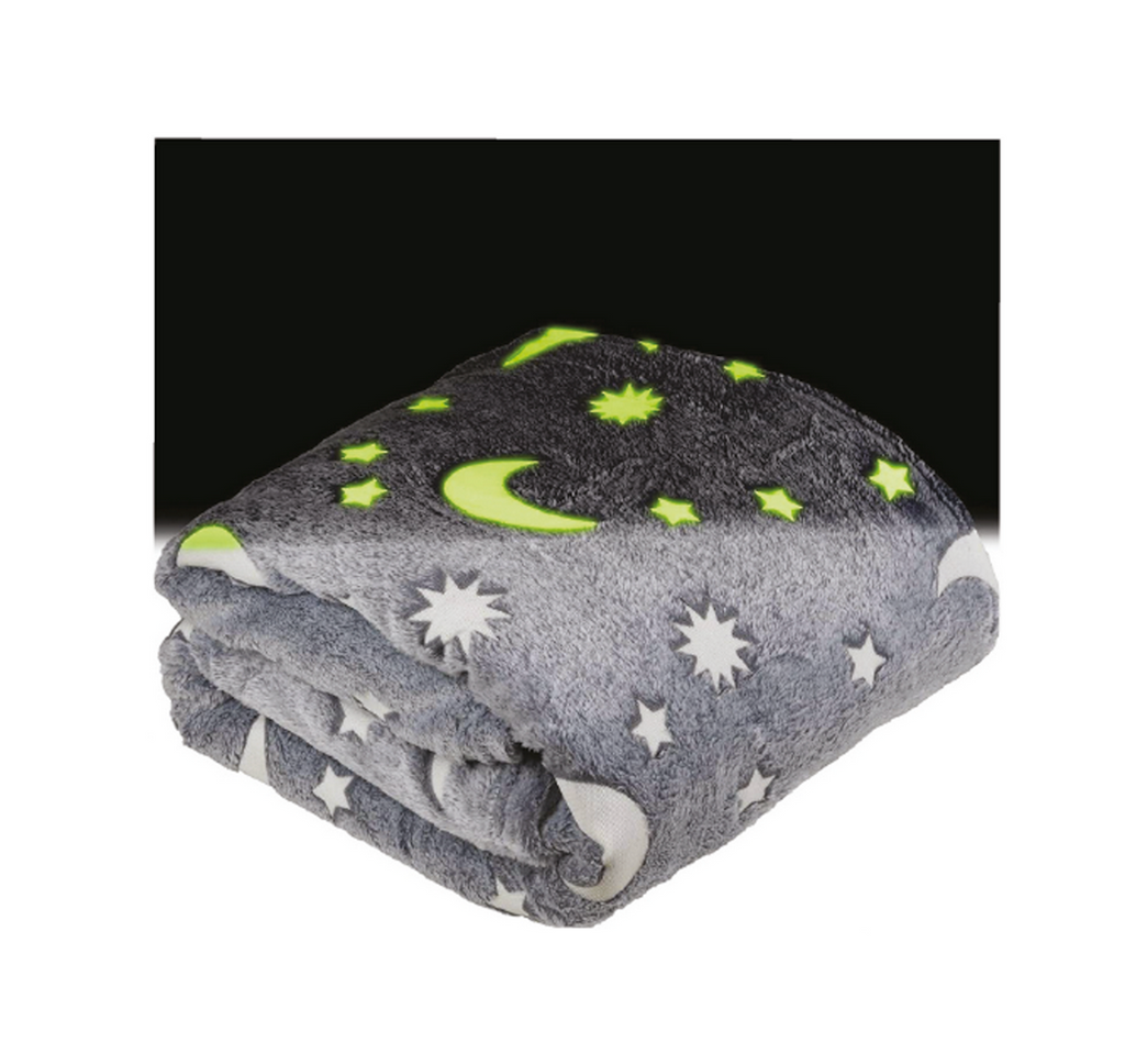 The Glow in the dark alaxy Throw folded with half of it in the dark to show the glowing stars and moons. 