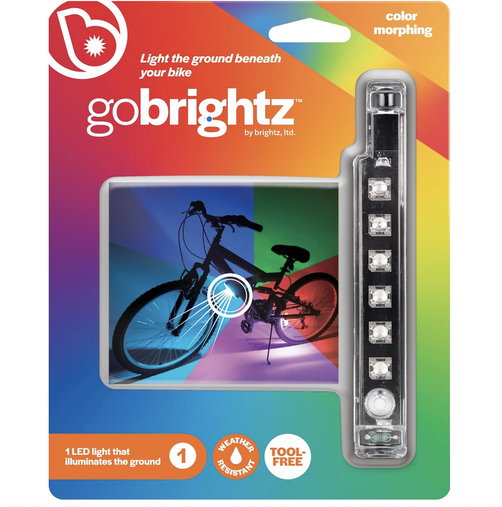 Rainbow colored box with a picture of a bike with the Go Brightz Color Select lights attached and a clear window showing the LED light bar that attaches to the bike. 