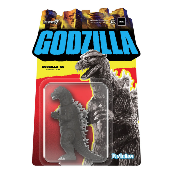 Godzilla '55 figure in grayscale packaged on a colorful hangcard with graphics from vintage Godzilla movies.