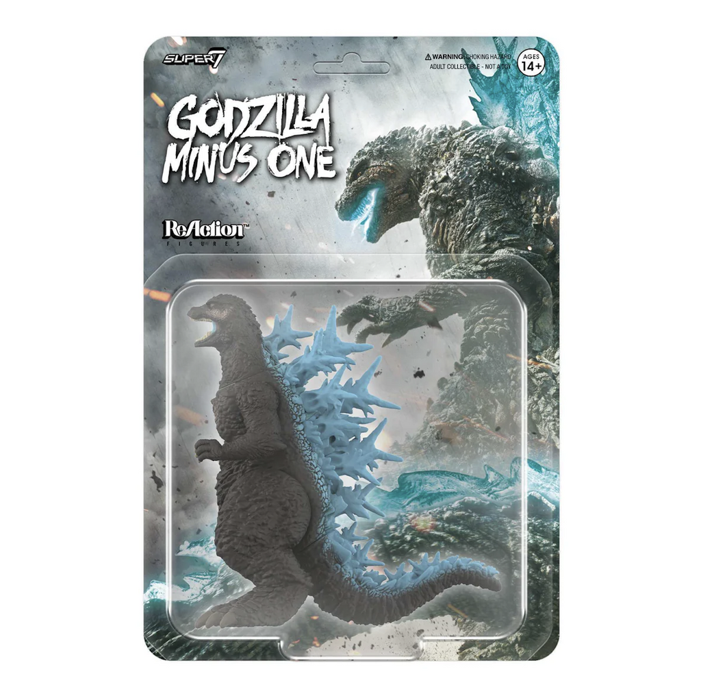 Godzilla Minus One figure packaged in a clear window on a colorful backing card with imagery of Godzilla from the movie. 