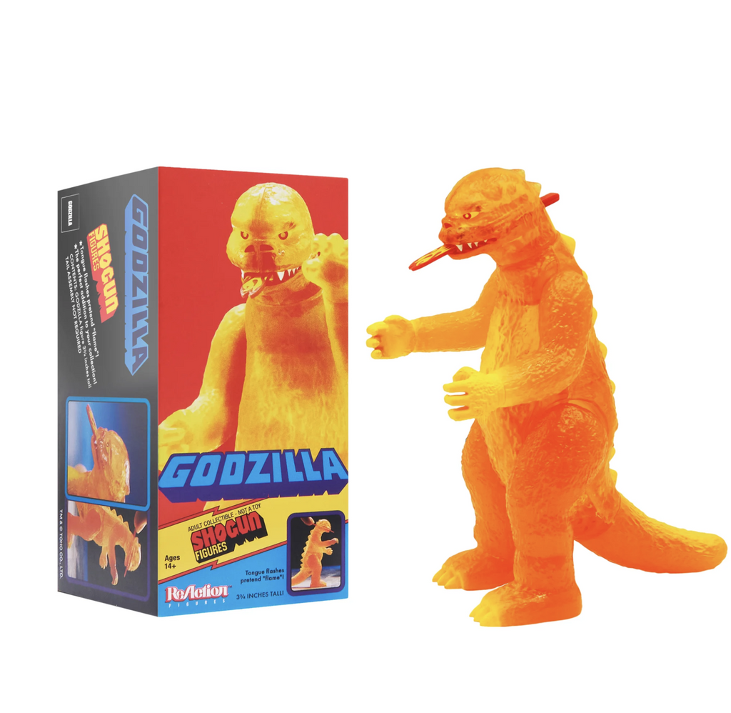Orange Godzilla Shogun 1200 degree C vinyl figure next to display box.