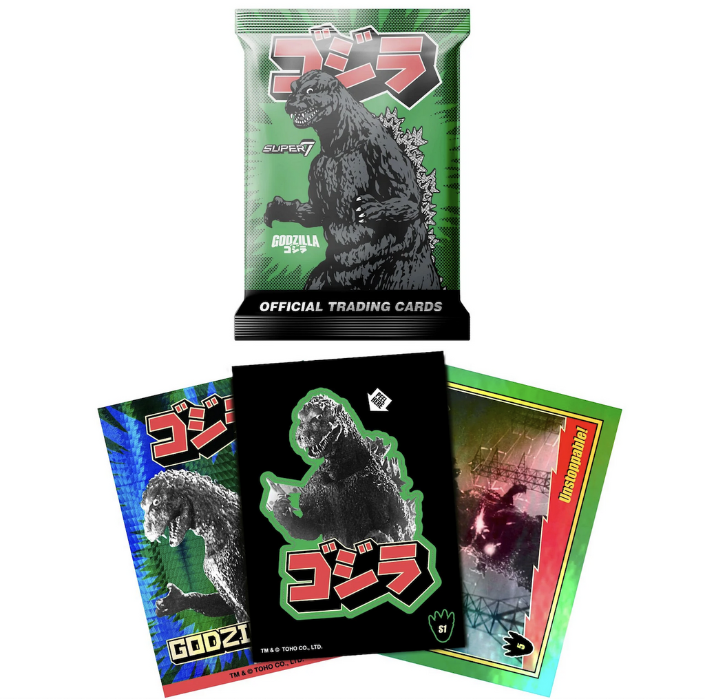 Godzilla Showa Series trading Cards in green foil package with three example cards of Godzilla. 