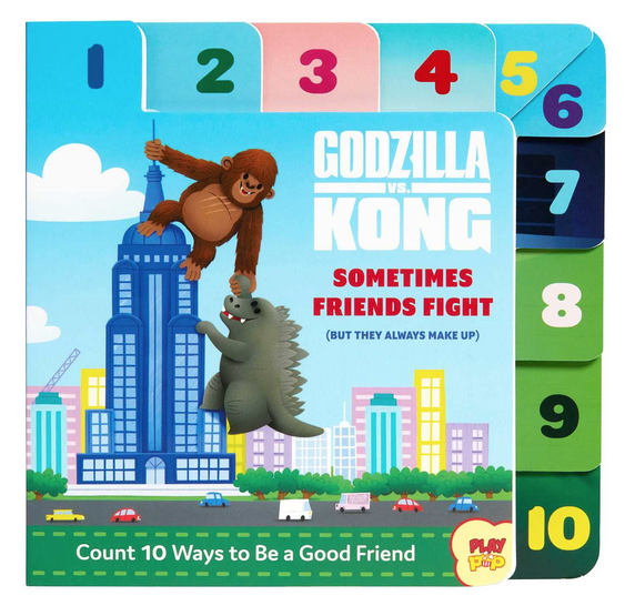 Cover of the Godzilla vs. King Kong Sometimes Friends Fight counting book with illustration of Godzilla and King Kong at the Empire State Building 