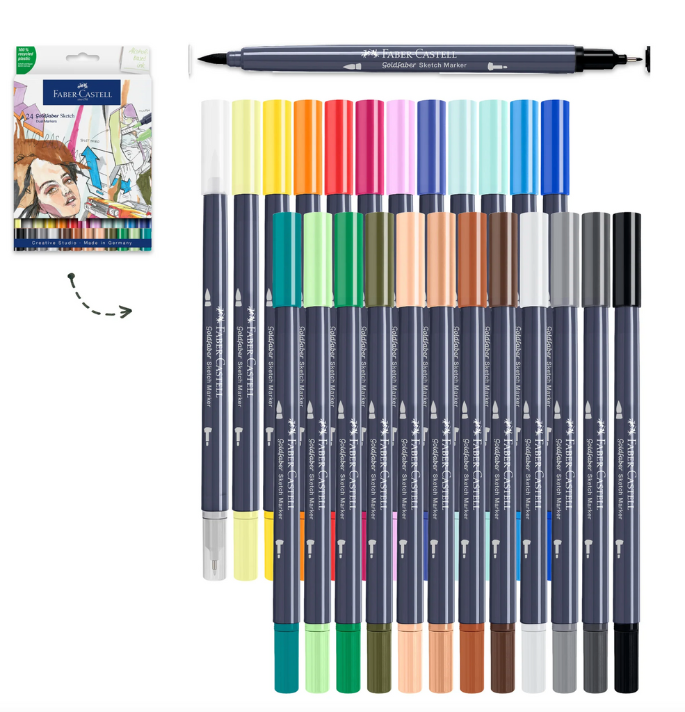 All 24 of the Goldfaber dual tip sketch markers on a white background.