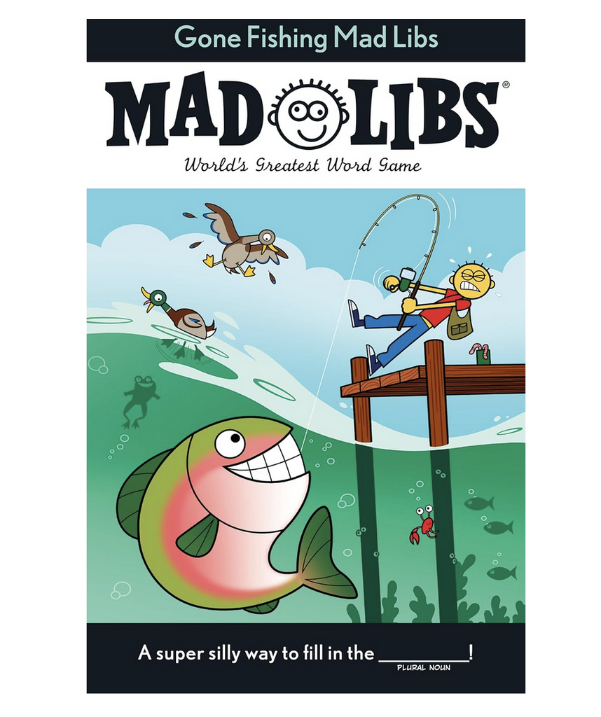 Mad Libs Gone Fishing cover with an illustration of a fisherman hooking a giant fish off a pier. 