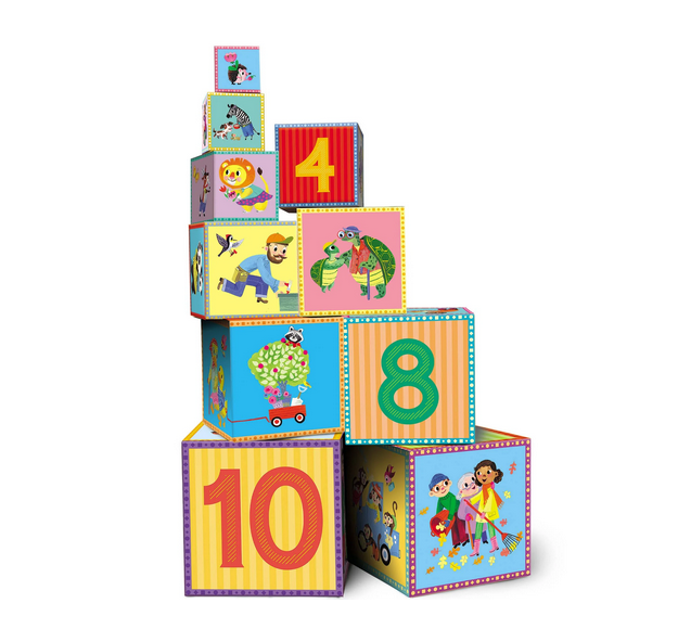 High-quality, glossy cardboard and illustrated with an array of playful scenes and bold colors and numbers, these stacking blocks are a nursery classic. 