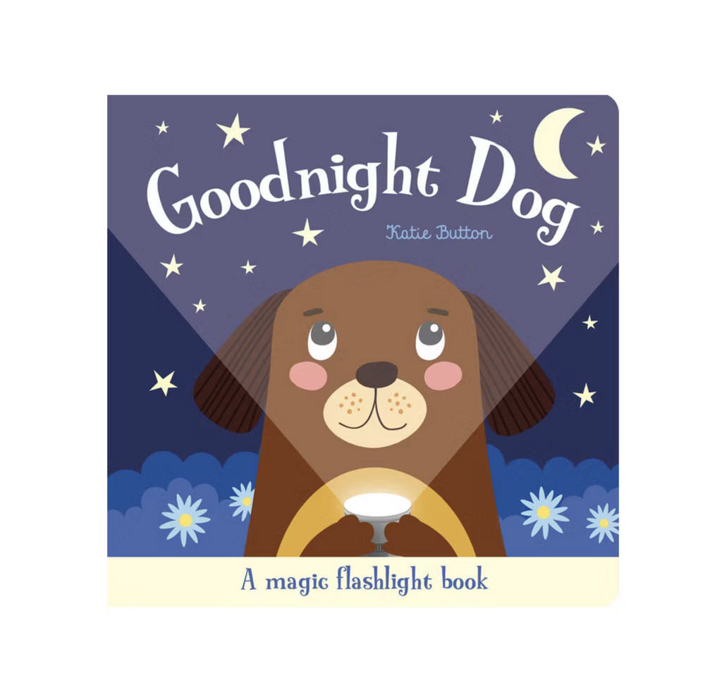Illustrated cover of "Goodnight Dog" that has a brown dog looking up to a starry night sky with the glow of a flashlight illuminating his face. 