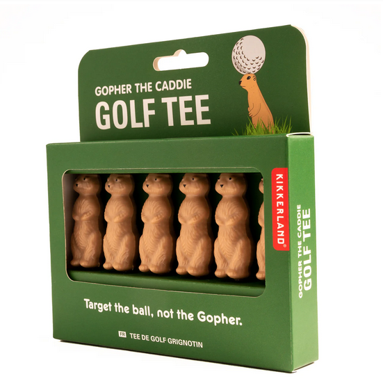 Green box with front opening to show the Gopher shaped golf tees.