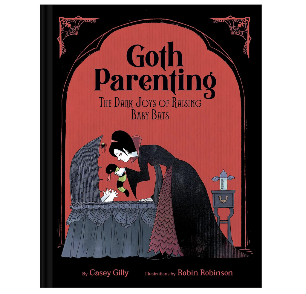 Illustrated cover of Goth Parenting with a goth mother holding a toy snake above a crib. 