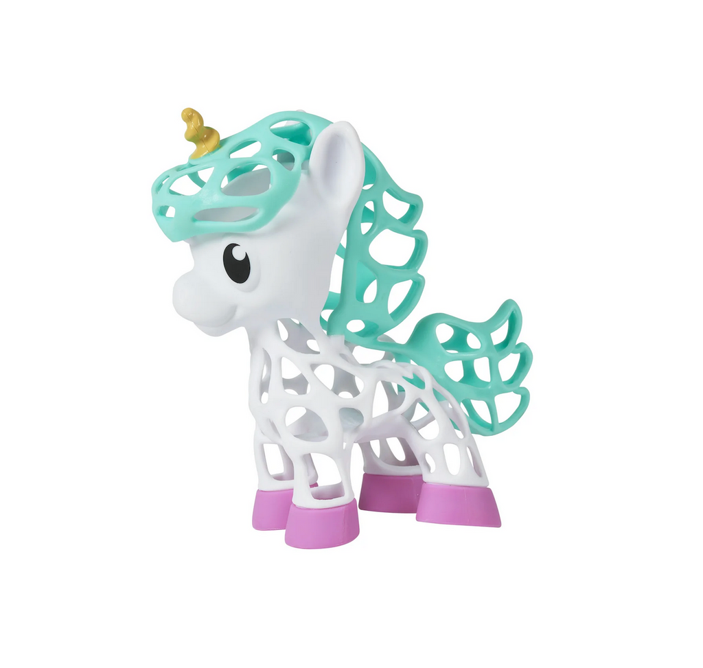 The Unicorn Gripimal with white body, pink hooves and teal mane, all full of holes that make it easy for baby to grasp and hold onto. 