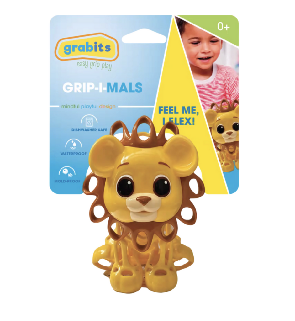 Grabits Gripimals Lion baby toy shaped like a lion with holes all over that make it easy for baby to grab and hold on to it. The Lion Grabimal is attached to a blur hang card with information such as it's dishwasher safe, waterproof and mold proof printed on it. 