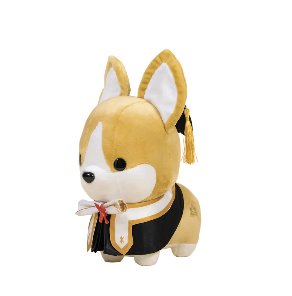 Corgi stuffed animal wearing a graduation cap and gown with a diploma attached to it's collar. 