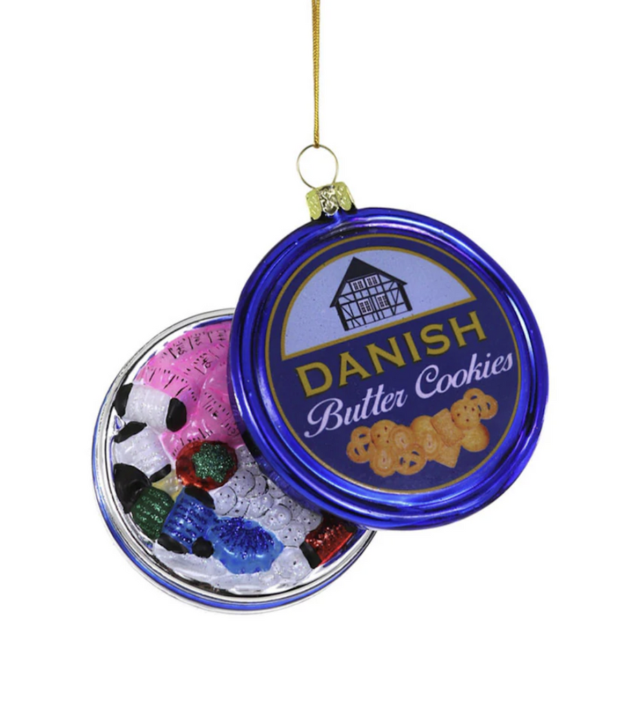 Vintage inspired glass ornament of of a blue Danish Butter Cookie tin filled with sewing supplies. 