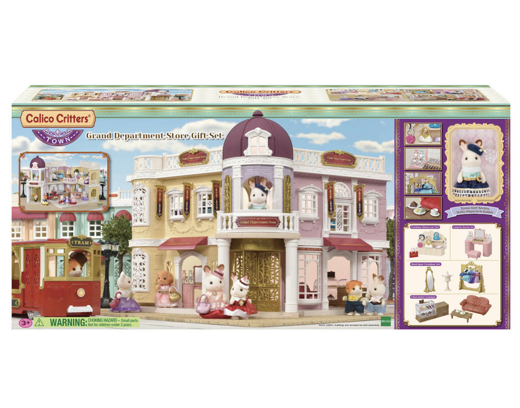 The Grand Department Store Gift Set from Calico Critters in it's box with pictures of various Critters the dollhouse. 