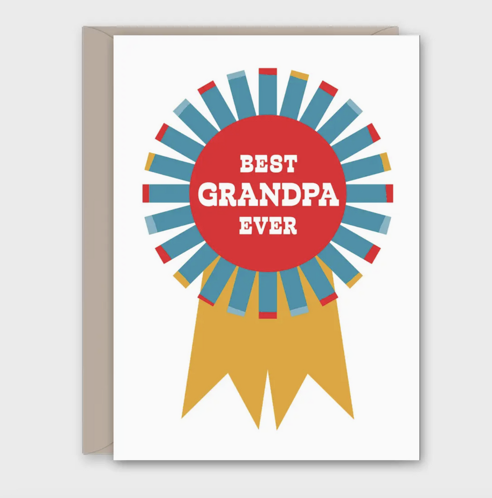 Greeting card with a ribbon badge that reads "Best Grandpa Ever" 