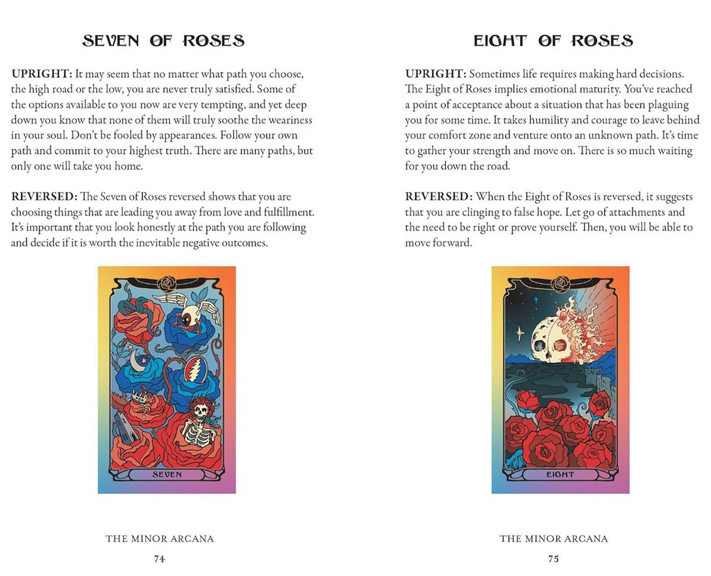 Two tarot cards from The Grateful Dead Tarot Deck featuring the  'Seven of Roses' and 'Eight of Roses' cards  with descriptions of each card and their meaning. 