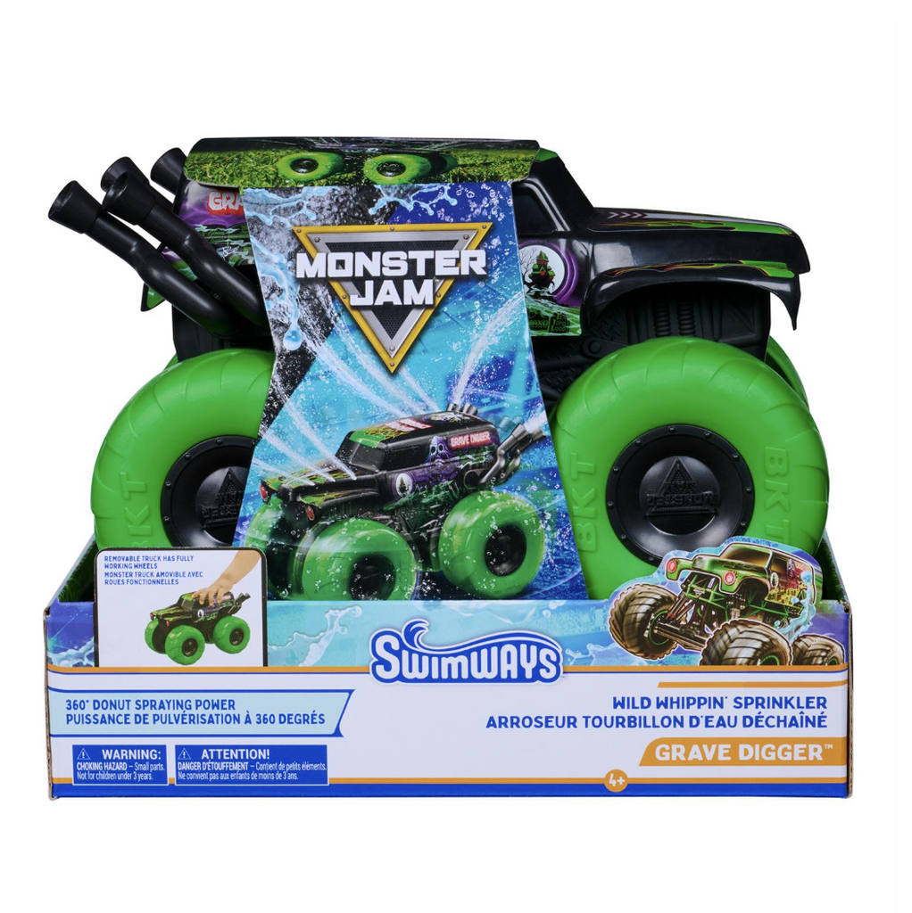 Monster Jam Grave Digger Whippin' water sprinkler in box on white background.