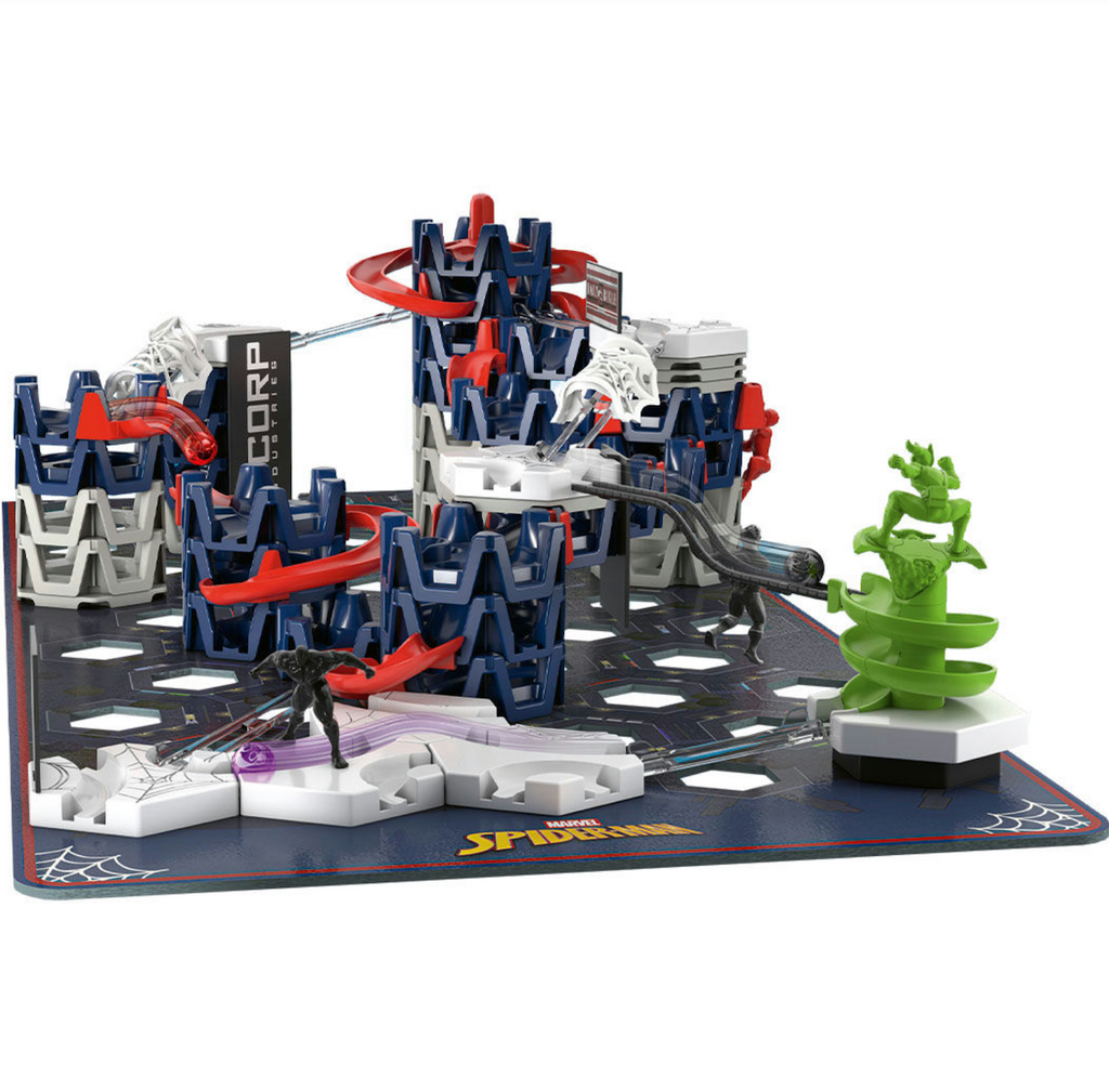 Spiderman GraviTrax Action Set built with raised and curved track with your favorite villains and Spiderman figures placed throughout. 