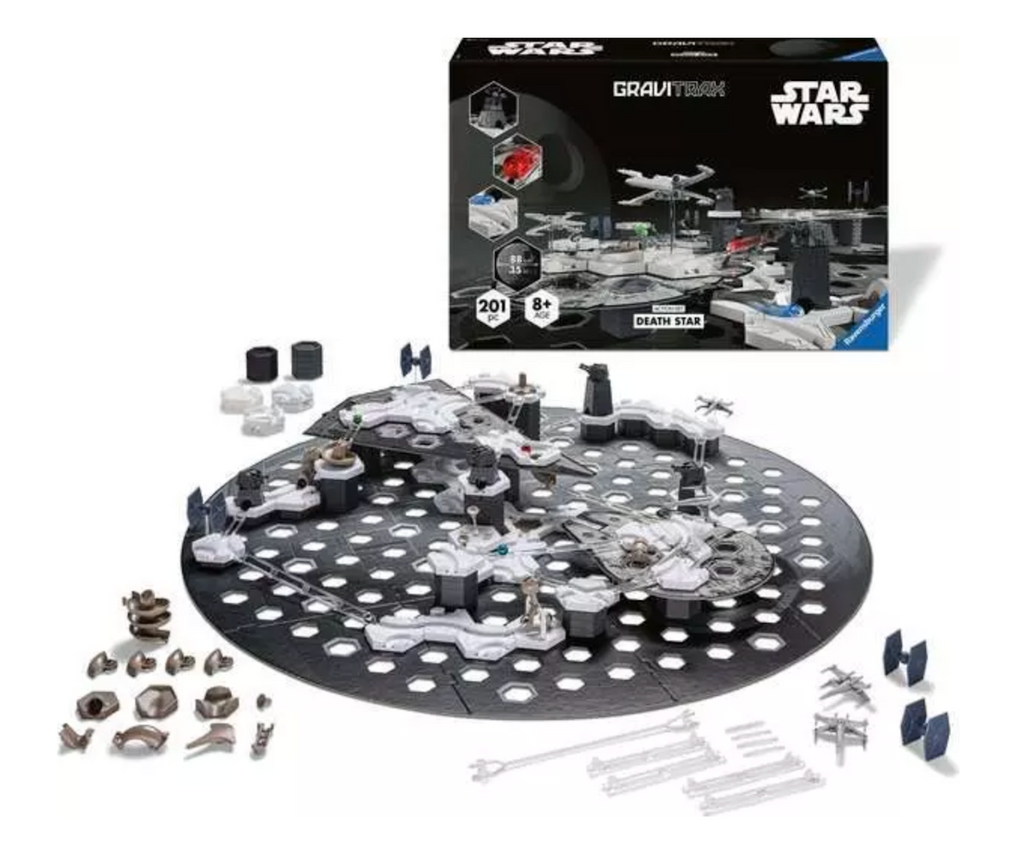 GraviTrax Action Set Star Wars Death Star marble run base set up with components of the X-Wing and Tie Fighter models that can be incorporated into the marble run. 