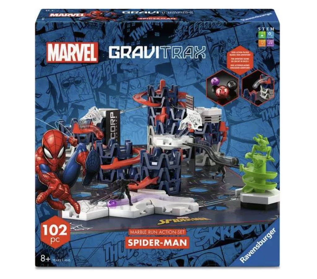 Blue box with a picture of the Marvel Spiderman GraviTrax marble run set with a Spiderman figure and raised track for the marbles to run through. 