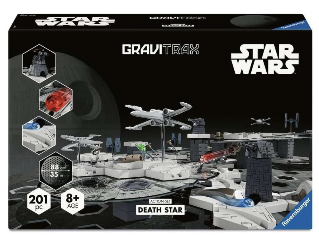 Black box with a picture of the GraviTrax Action Set Star Wars Death Star edition built with a marble traveling around the track near the Tie Fighters and X Wing. 