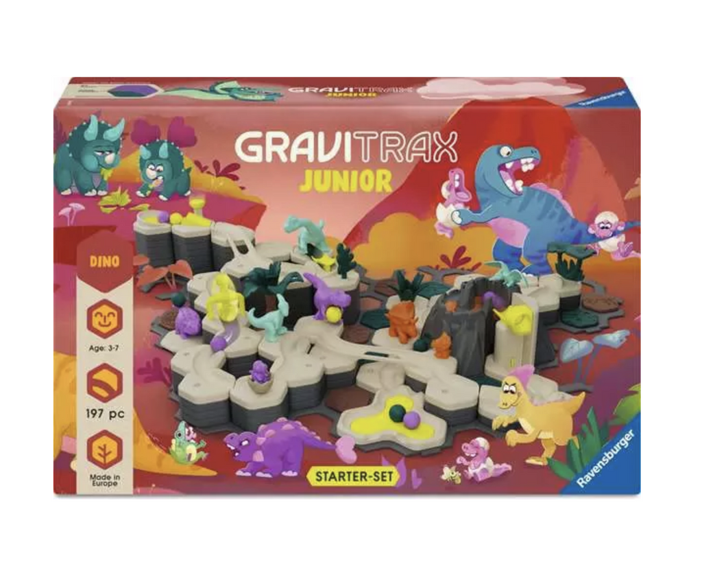 Colorful box for GraviTrax Junior Starter Set Dino Adventure with a picture of a track built with illustrated dinosaurs decorating the box. 