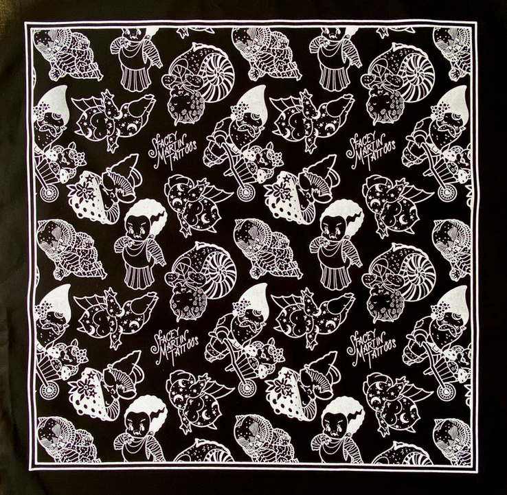 Black 100% Cotton bandana with Magic Bats, Ghoul Friends and Garden Gang by Stacey Martin Tattoos. Measures 22 x 22 inches laid flat. 