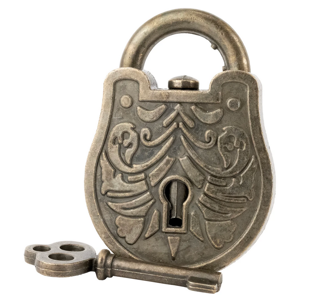 Decorative aged metal padlock with intricate designs and a key used to solve the Grecian Lock Brainteaser. 