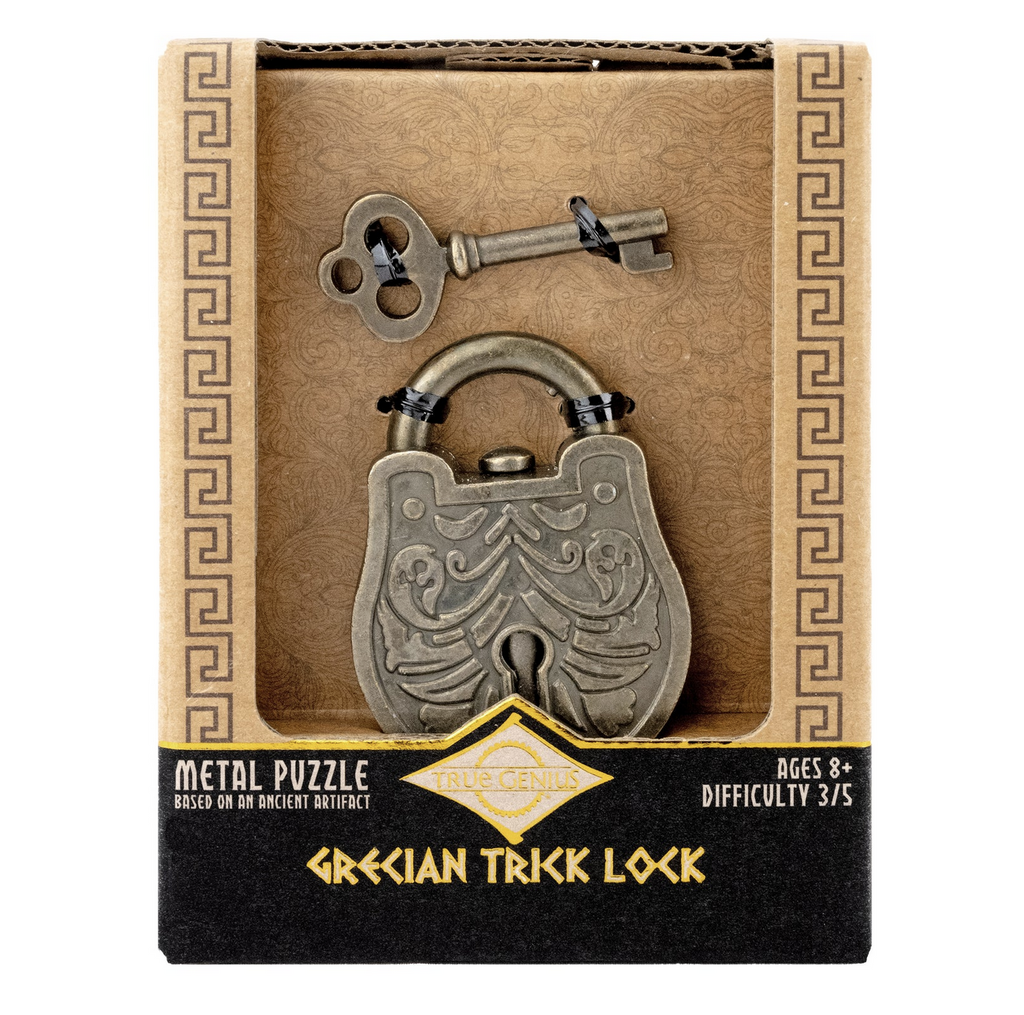 Grecian Trick Lock brainteaser puzzle boxed with a clear window that show the padlock and key used to solve the puzzle. 