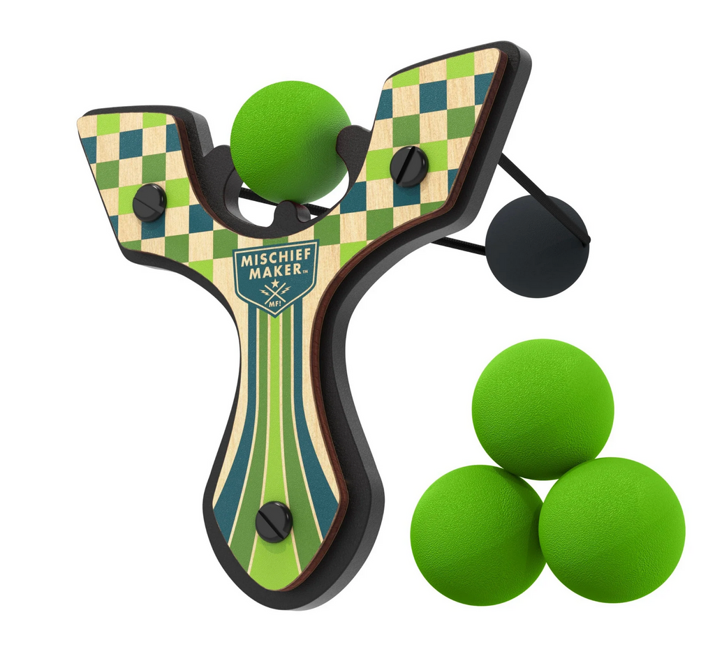 Wooden slingshot with green racing stripes and checkerboard pattern. Four green foam balls are also pictured. 