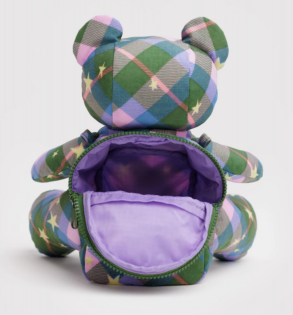 Green, purple and pink plaid-patterned bear-shaped pouch with open pocket at the back of the bear. 
