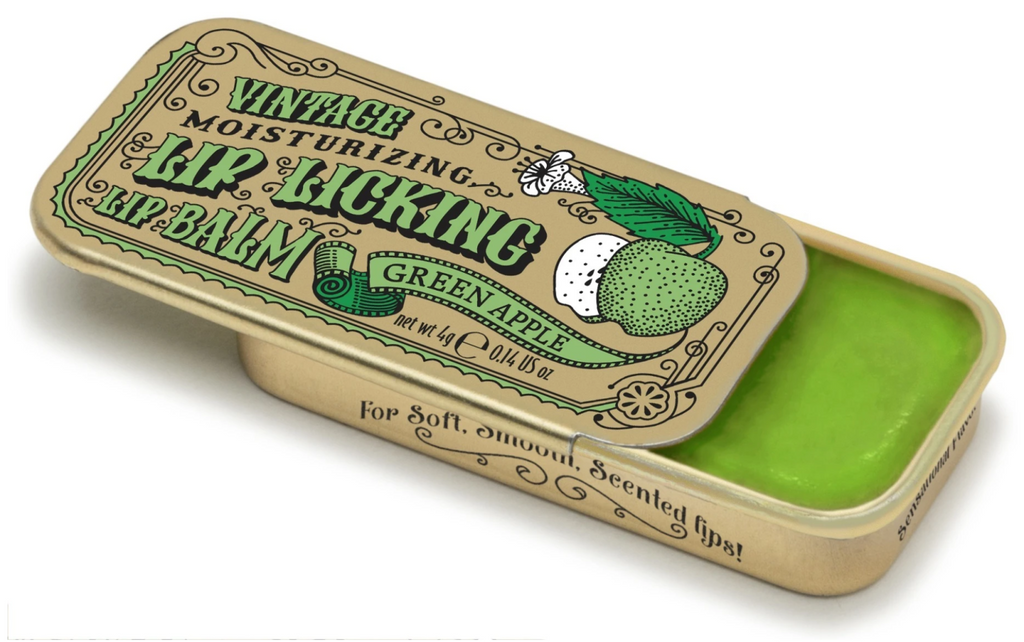 Green Apple flavored Lip Licking Lip Balm in a retro metal slider tin.