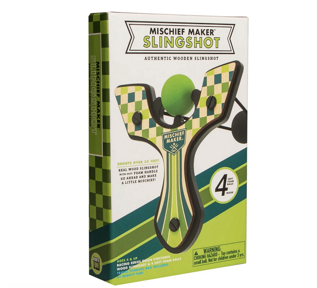 Box with picture of the Green Mischief Maker Slingshot. 