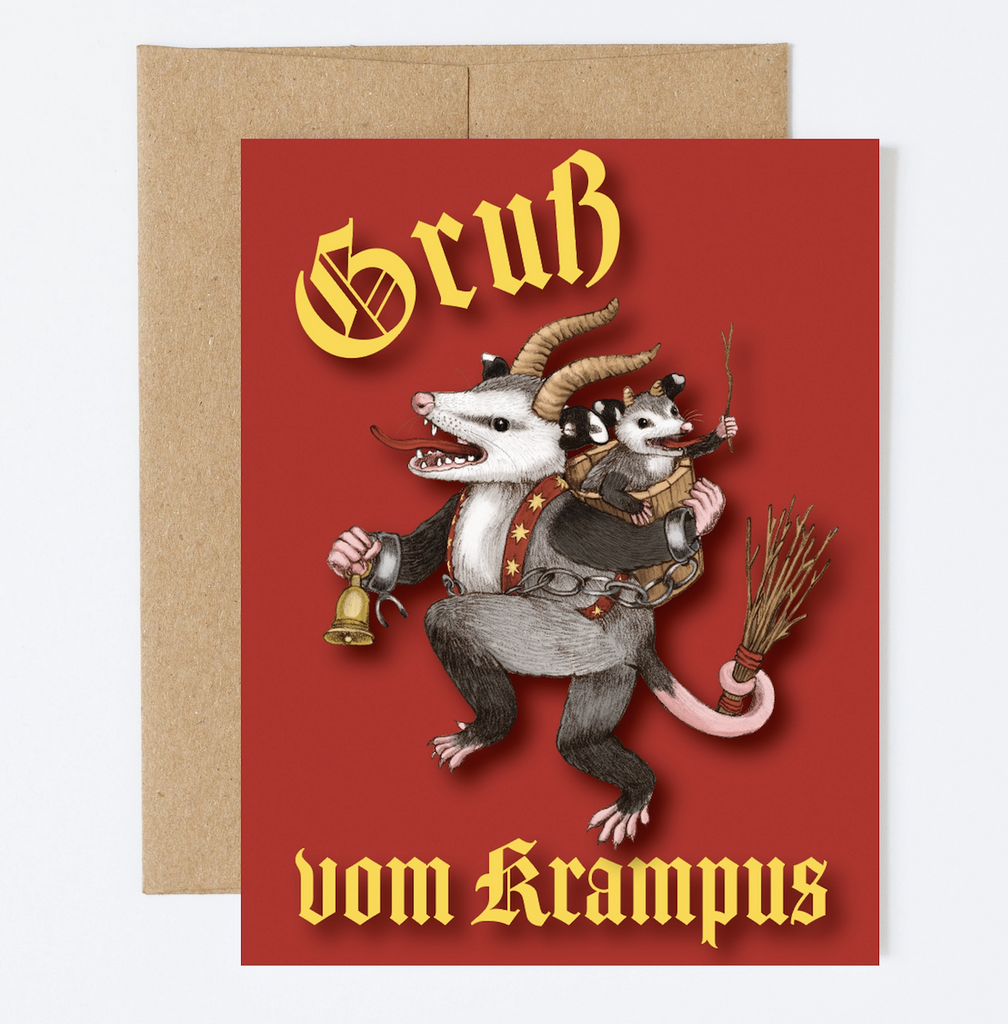 Greeting card with deep red background and a depiction of Krampus as a possum that reads " Grub vom Krampus"