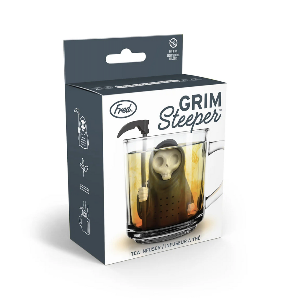 Box containing the Grim Steeper tea infuser, with a picture of the silicone Grim Steeper in a cup making tea. 