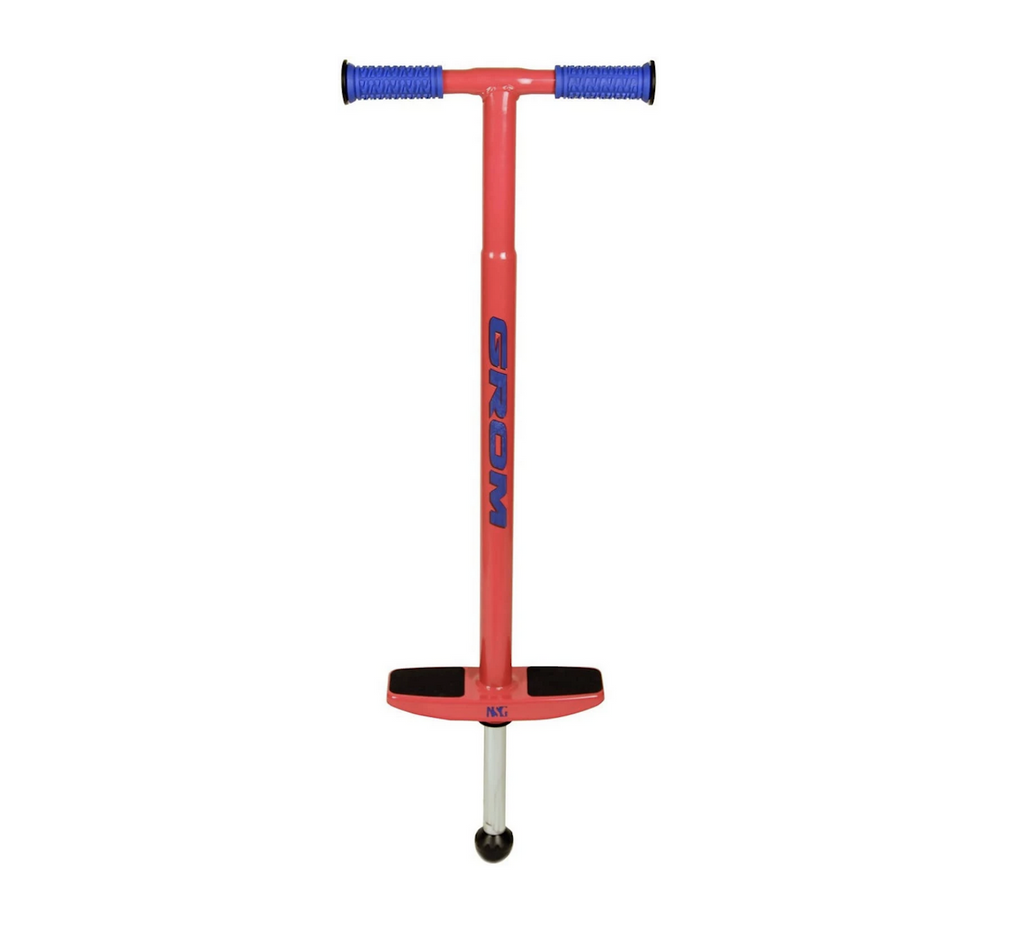 The red Grom Pogo Stick with blue rubber grip. 