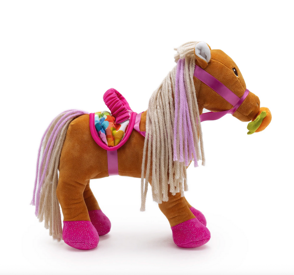 Side view of Groovy Girls Blossom the Groovy Horse a plush horse with a yarn mane and tail, magnetic carrot snack and saddle that fits all Groovy Girls dolls. 