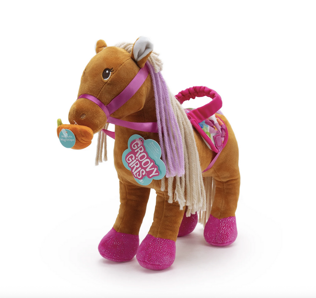 Groovy Girls Blossom the Groovy Horse a plush horse with a yarn mane, magnetic carrot snack and saddle that fits all Groovy Girls dolls. 