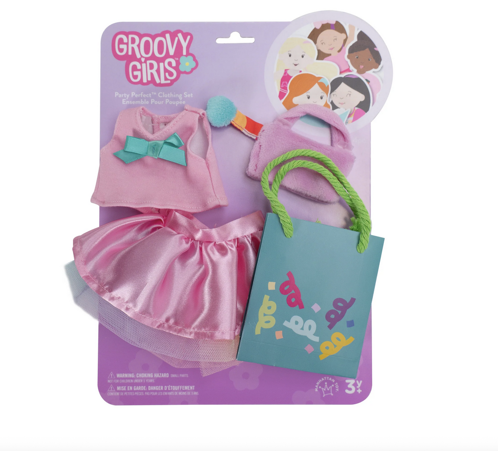 The Party Perfect Groovy Girls clothing set attached to a purple backing card. 