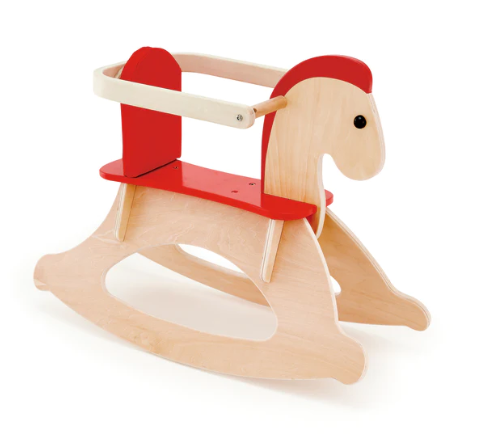 Assembled rocking horse with stability bar atatched. 