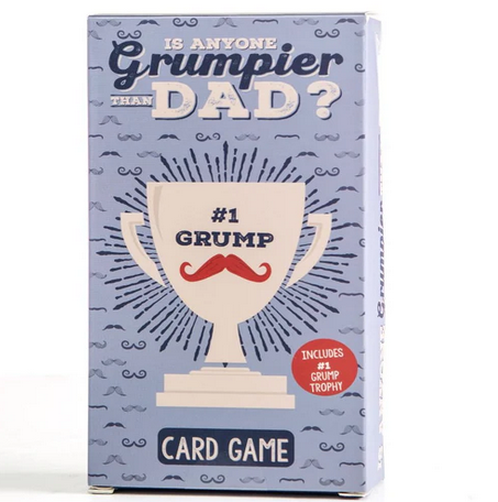 Light blue box for "Is Anyone Grumpier Than Dad" game with a white trophy that reads "#1 Grump".