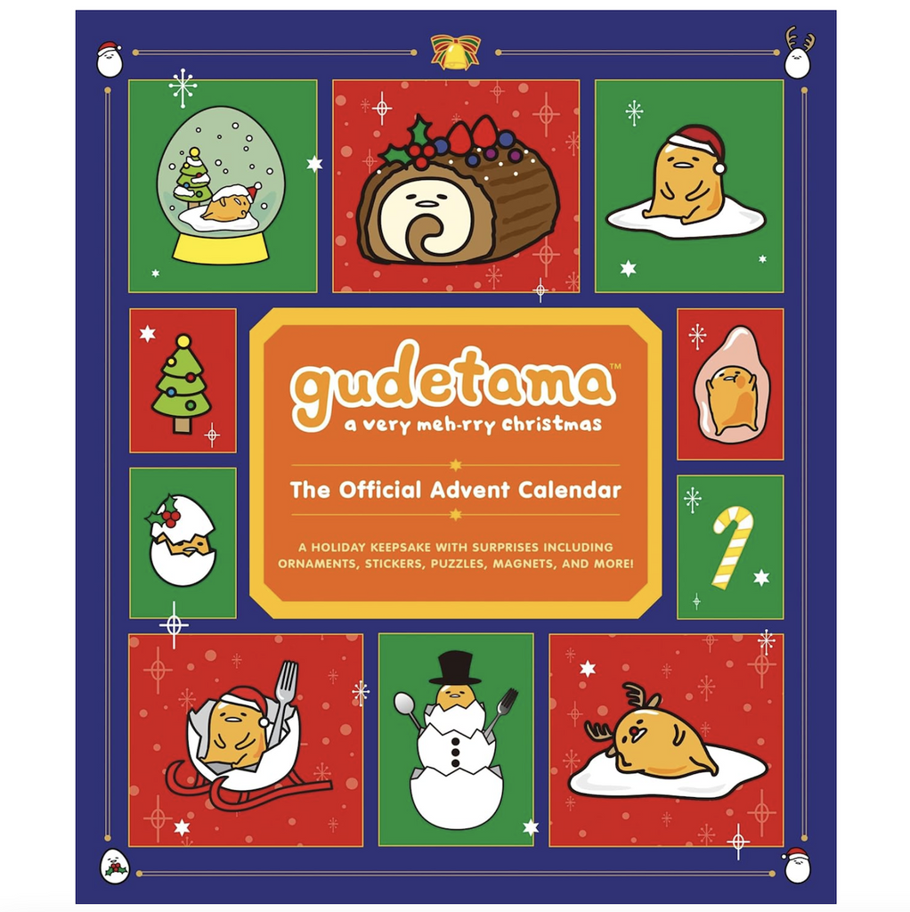 Cover of the Gudetama Official Advent Calendar with illustrations of Gudetama in various holiday costumes and scenes. 