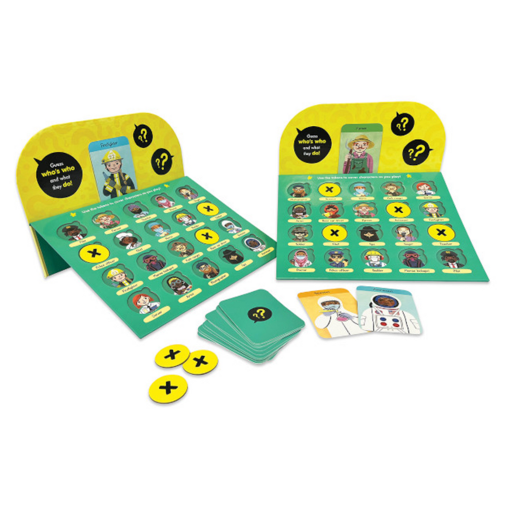 Card game with occupation character cards, two player boards with yellow background covered in question marks, and tokens used in playing the game Guess That Job!
