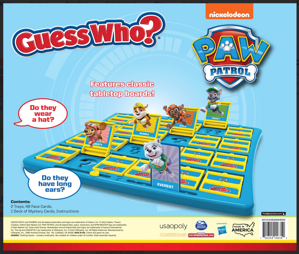 Back of Guess Who Paw Patrol game package shows game board and possible guessing questions.
