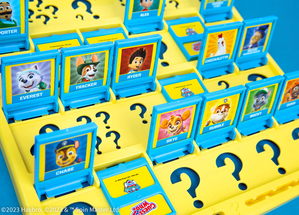 Closeup of Guess Who Paw patrol game board featuring many characters from the show.