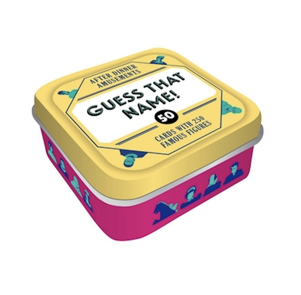 Brightly colored tin that holds the cards from the Guess That Name! game. 