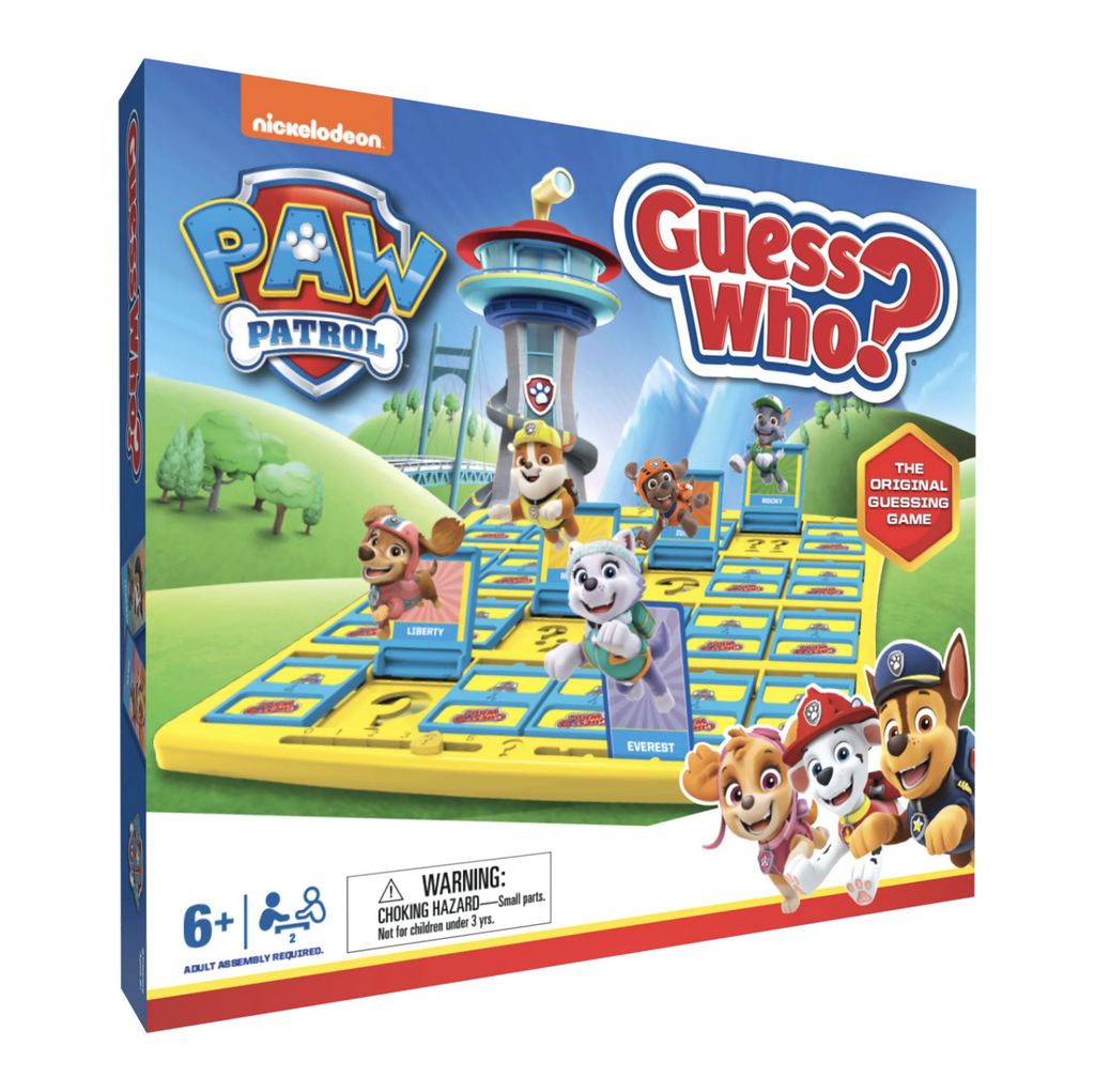 Guess Who Paw Patrol edition original guessing game. Box shows several Paw Patrol characters leaping out of the Guess Who game board.