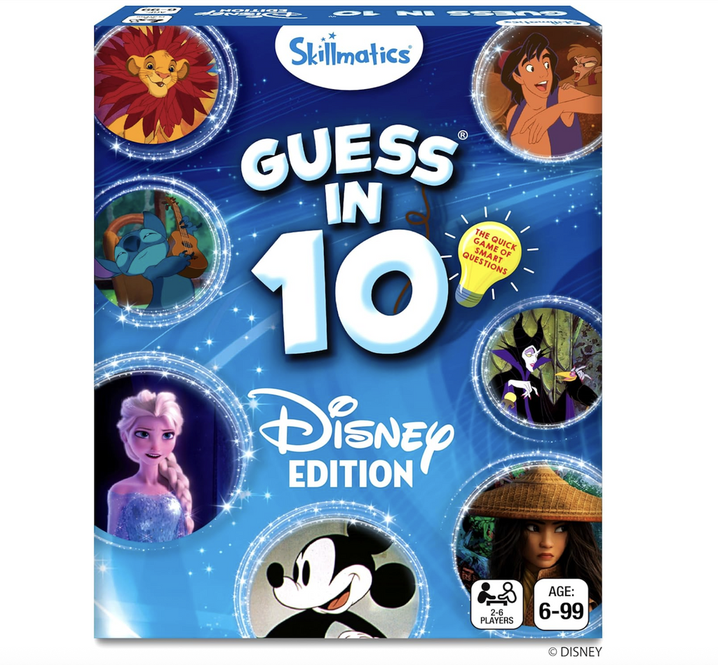 Cover of "Guess in 10 Disney Edition" game with pictures of Disney characters like The Lipon King, Mulan, Elsa, and Mickey Mouse floating in bubbles on the front of the box. 