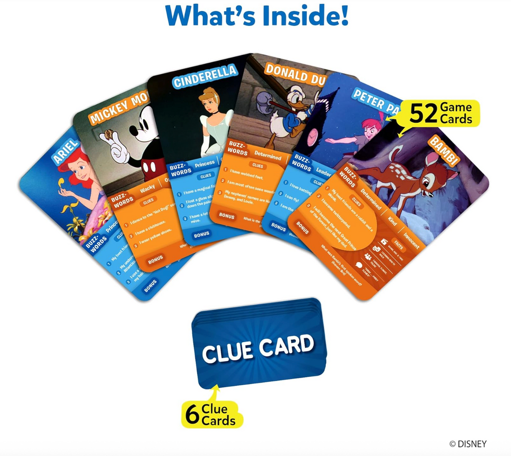 Disney character game cards and a deck of clue cards included in the "Guess in 10 Disney Edition" game. 