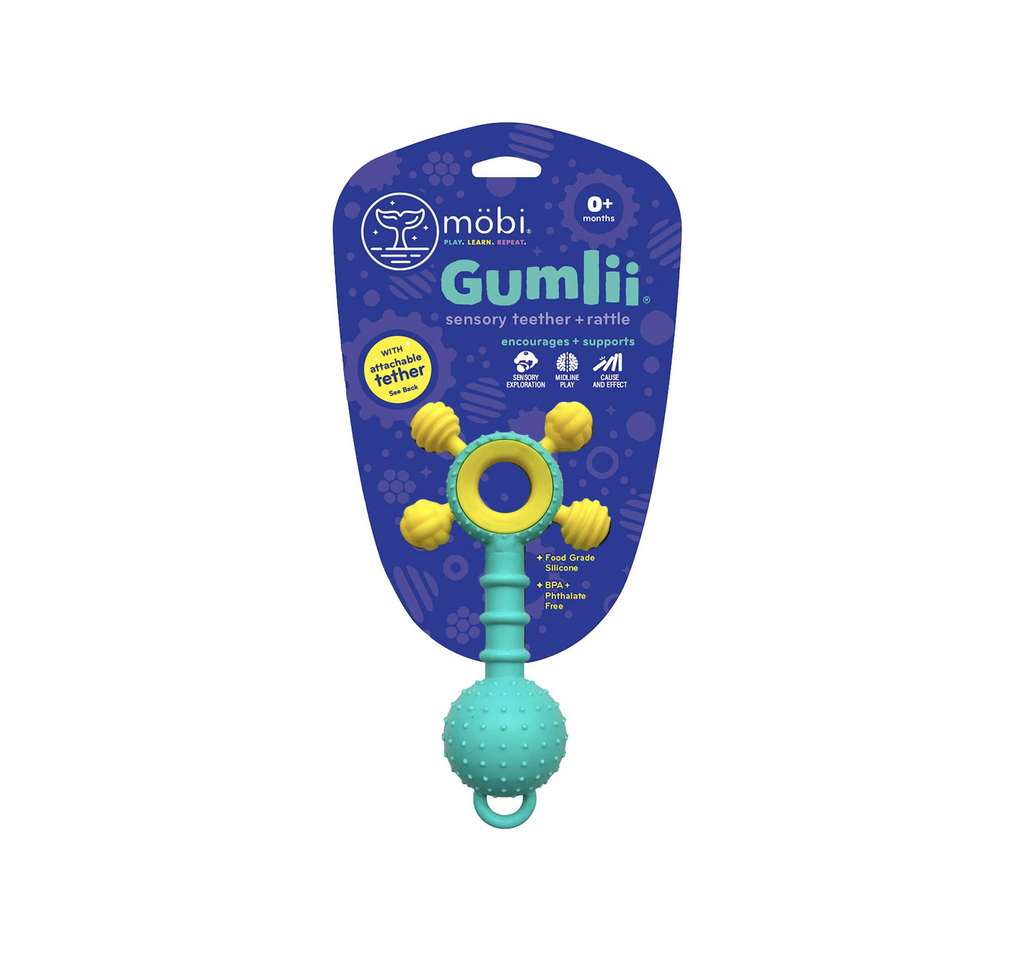 Gumlii Sensory Teether packaged on a cardboard hang card . 